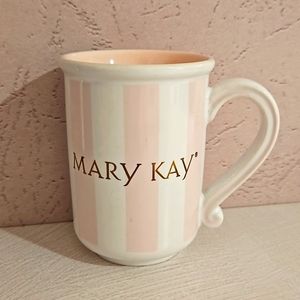 MARY KAY pink and white striped mug, gold logo ceramic mug promotional EUC
